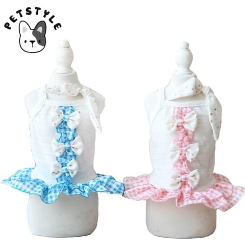 Plaid Pet Dress Bowknot Dog Dresses Cute Cotton Solid Short Shirt For Small Dogs Summer Doggy Princess Clothing Apparel PETSTYLE