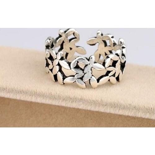 Vintage Fashion Hollow Carved Leaf Thai Silver Opening Tail Ring For Women 925 Sterling Silver Jewelry anillos S-R300