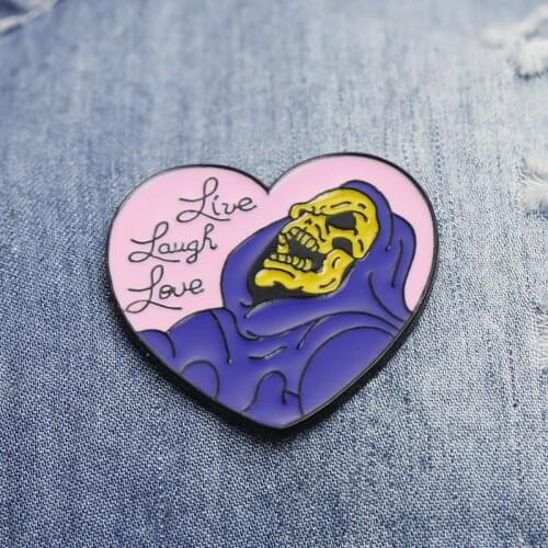 Fashion Live Laugh Love Skeletor Halloween Gothic Heart Shape Skull Skeleton Death Godfather Enamel Badge Brooches Lapel Pins