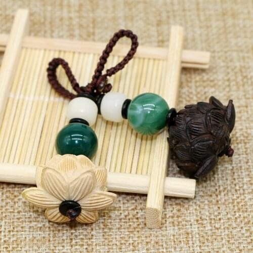 Natural Wooden carved lotus sandalwood lotus carved key chain Decoration