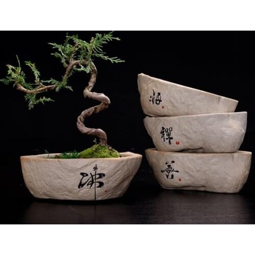 Non-porous Hydroponic Plant Flowerpot Creative Retro Stoneware Copper Money Grass Green Flower Handwritten Ceramic Flower Pot