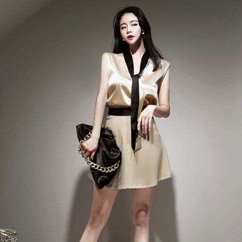 New arrival fashion korean style acetate sets for women summer OL simple elegant temperament top and skirt two piece sets