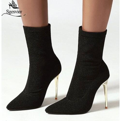 Sgesvier 2020 Newest women Stretch boots pointed toe autumn winter thin high heel party wedding shoes Leopard ankle boots woman