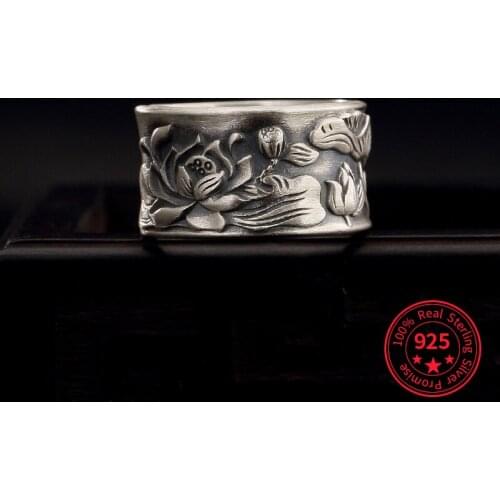 S999 Pure Silver Lotus Leaf Heart Sutra Open Adjustable Mens Womens Rings for Buddhism Thai Religious Fine Jewelry