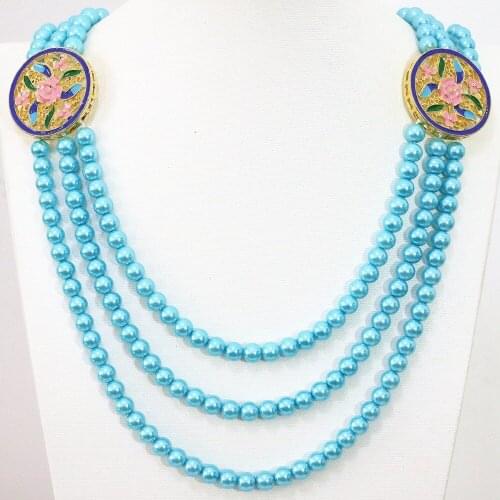 Charms shell simulated-pearl round beads 3rows 6mm mix-color unique gold-color flower accessories jewelry necklace 28-32"B1189