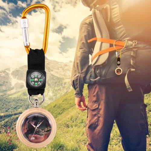 Sport Quartz Pocket Watch Outdoor Carabiner Clip Unisex Clock Multi-Function Hook Fob Pendant Watch with Compass Wooden Watches