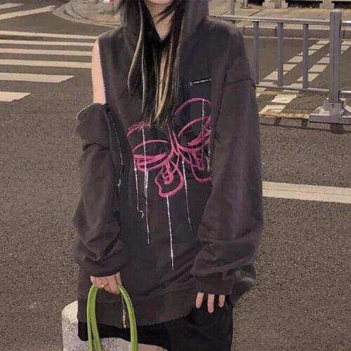 Sudaderas Womens Hoodie Street Style Side Zipper Butterfly Print Tassel Rhinestone Design Sweatshirt harajuku Oversized Hoodie