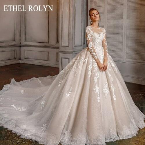 ETHEL ROLYN A-Line Wedding Dress 2021 Classy Scoop Beaded Appliques Flower Bride Long Sleeve Lace Up Shiny Princess Bridal Gown