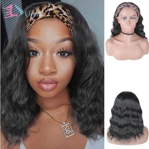 Uenel Wavy Bob Wig Headband Wigs for Black WomenTurban Wig with Headband Attached Natural Looking Wigs for Women 16in