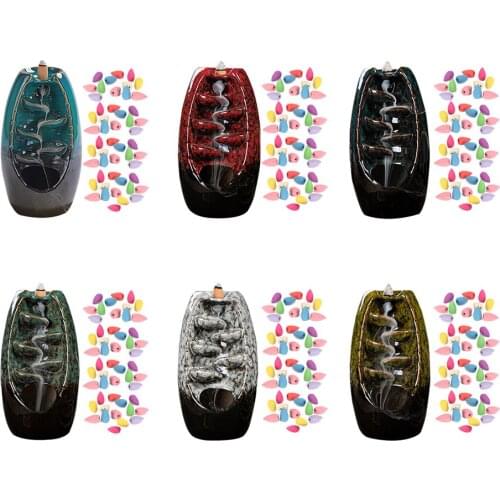 Waterfall Smoke Incense Burner with 50pcs Incense Grains Mountain River Incense Holder Ceramic Backflow Aroma Censer Ornament