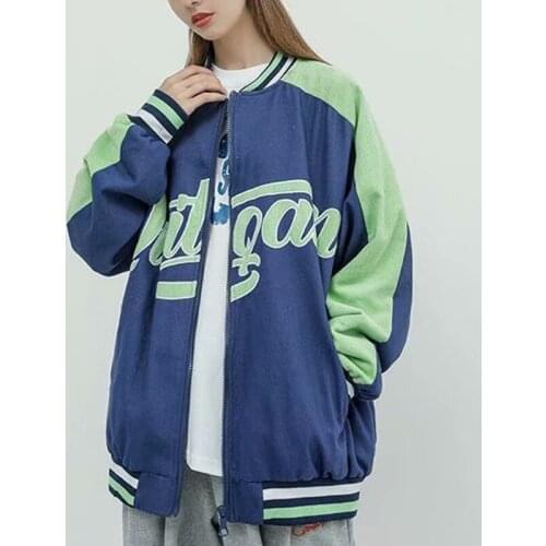 Women Letter Print Baseball Jacket 2021 New Color Matching Zipper Oversized Coats Girls Streetwear Harajuku Varsity Jackets