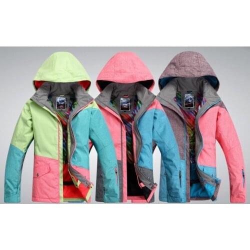 Womens Color Matching Ski Jacket Female Blue Pink Gray Snowboarding Climbing Outerwear Padded Anorak Skiwear