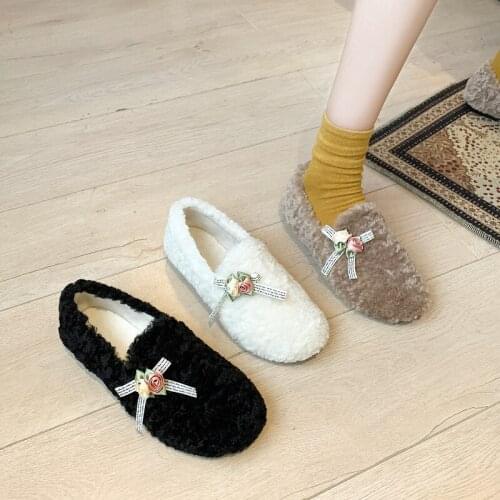 Faux Fur Women Shoes Autumn Suede Round Toe Shallow Low Heel Single Flat Shoes Soft Walking Bottomed Loafers Ballet Flats W36-92