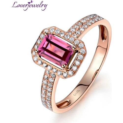 LOVERJEWELRY Tourmaline Ring For Women Solid 14K Rose Gold Natural Tourmaline GEM Ring Engagement Diamond Ring Emerald Cut 4x6mm