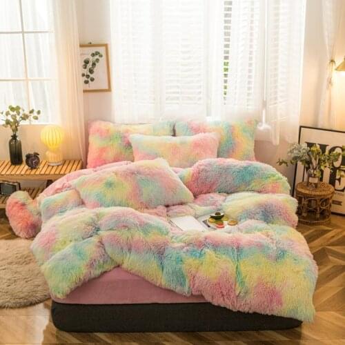 Winter Warm Bedding Set Velvet Pillowcases and Quilt Cover thick coral fleece plush 4 Pcs Suit Queen King Rainbow Dropshipping