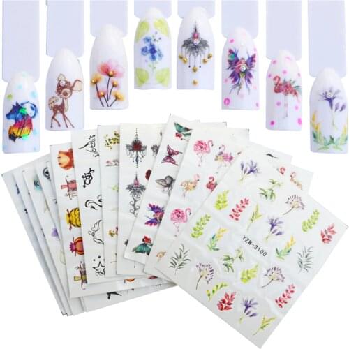 WUF 12PCS Nail Water Sticker Decals Mix Lace Flower Flamingo Animal Full Wraps Nail Tattoo Adhesive Manicure Decor Tips Set