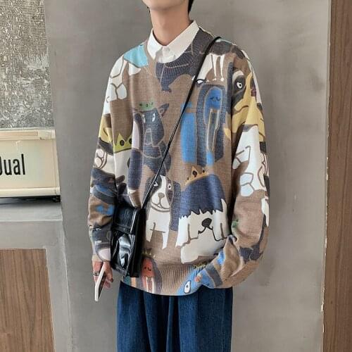 2020 Mens Printed Cartoon Cashmere Sweaters Clothes Keep Warm Pullover Round Neck Coats Brown/grey Wool Knitting Size M-2XL