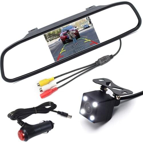 Vehicle Backup Rear View Camera System, 4.3" TFT LCD Mirror Monitor with 4 IR LEDs Night Vision Waterproof Reversing Camera