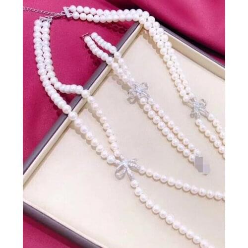Free shipping Jewelry 2row 7-8 mm natural south sea white pearl necklace bracelet set micro inlay zircon butterfly accessory