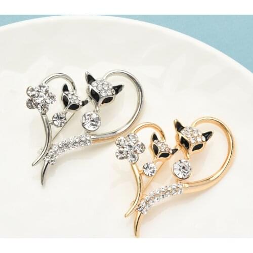Wuli&baby Rhinestone Love Fox Brooches For Women Unisex 2-color Designer Heart Animal Party Casual Brooch Pin Gifts