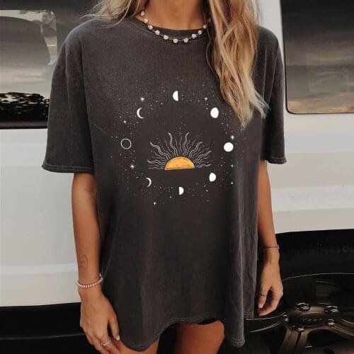 40# Oversized T-shirts Womens Streetwear Vintage Casual Tee Tops Sun Moon Printed Pattern Short Sleeve T-shirts Mujer Camisetas
