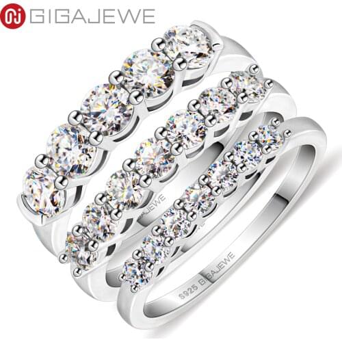 GIGAJEWE Total 0.3/0.7/1.5/ct 2.3/3/4mm Round Cut D VVS1 Moissanite 925 Silver Ring Diamond Test Passed Fashion Girlfriend Gift