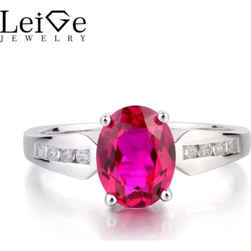 Leige Jewelry July Birthstone Lab Ruby Ring Wedding Ring Oval Cut Red Gemstone Ring Real 925 Sterling Silver Ring for Girlfriend