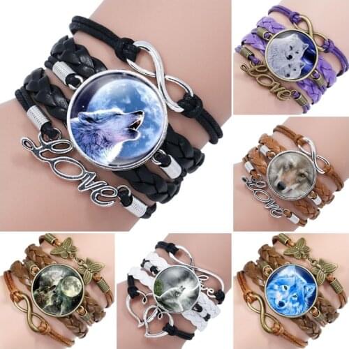 Fashion Leather Wolf head Wrap Bracelet Bangle For Women men Handmade Boho Glass Dome Cabochon Jewelry Best Gift