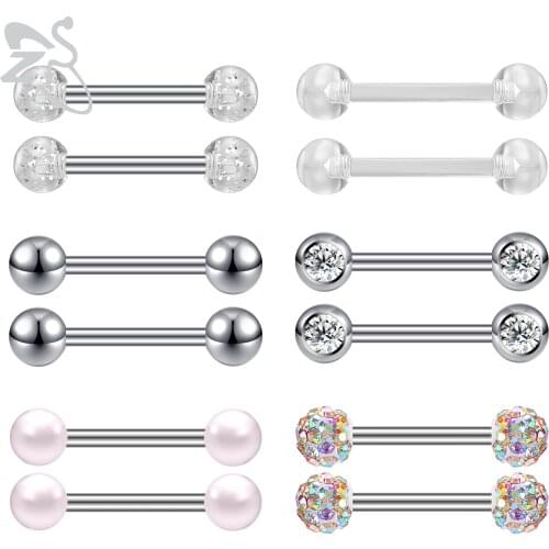 ZS 12PCS/Lot 316L Stainless Steel Tongue Piercing Set Crystal Barbell Tongue Rings Ear Tragus Helix Piercings Body Jewlery 14G