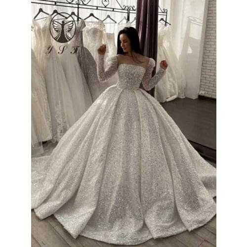 Luxury Wedding Dresses Illusion O Neck Beaded Stones Bling Bling Long Sleeve Arabian Design Vestidos De Novias 2022