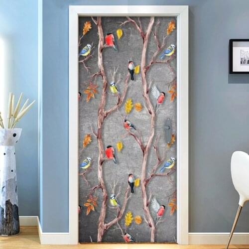 Hand Painted Cartoon Flower Bird Mural Wall Painting Living Room Bedroom Door Decoration Stickers Self-adhesive Vinyl Wall paper