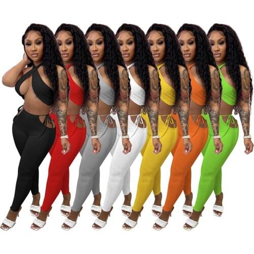 Sexy 2 Two Piece Sets Womens Vacation Outfits Summer Cross Halter Crop Top Hollow Out Pant Suits Club Wear New 2021