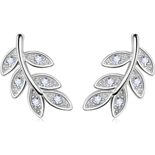 925 Sterling Silver 925 Sterling Silver Minimalis Tree Leaf Stud Earrings With Shiny Zircon For Party Wedding Earrings S-E546