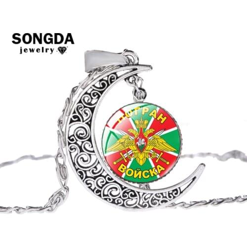 SONGDA USSR Border Troops of Russia Necklace CCCP Soviet Army Symbol Art Picture Glass Cabochon Moon Necklaces Pendants Souvenir
