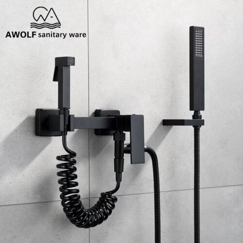 Modern Black Bathroom Shower set Brass Hand Held Bidet Sprayer Shower Head Wall Mount Hot&Cold Valve Mixer Bathtub Faucet AP2115