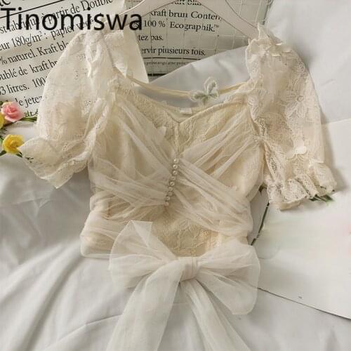Tinomiswa Pearl Design Gauze Patchwork Blouse Women Slim Waist Lace Up Summer Shirts Ladies 2021 New Chic Crop Tops Blusas Mujer