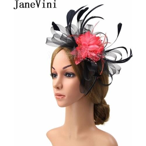 JaneVini 2020 Vintage Bridal Flower Hair Accessories Head band Feathers Ladies Wedding Hats and Fascinators Women Bride Hats