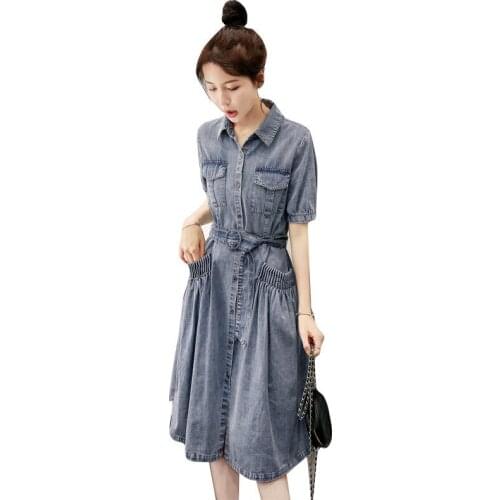 Ladies jeans Dresses Summer short sleeve Slim turn down collar Long Denim Dresses european Female dresses women dresses