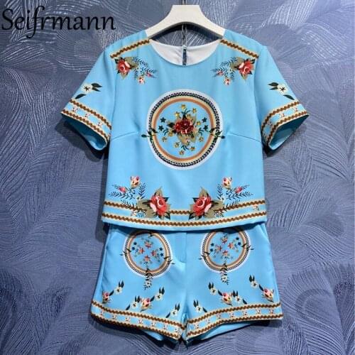 Seifrmann New 2021 Summer Women Fashion Runway Shorts Set Short Sleeve Crystal T-Shirts + High Waist Print Shorts 2 Pieces Suit