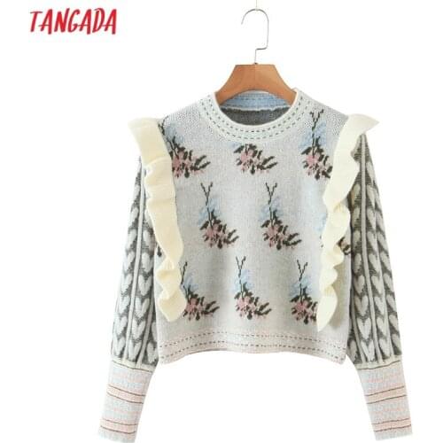 Tangada Women 2021 Fashion Ruffles Flowers Knitted Sweater Jumper Female Pullovers Chic Tops RB87