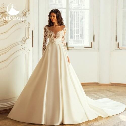 Aedmgh Ball Gown Empire Wedding Dresses 2021 O-Neck Long Sleeve Satin Vestido De Novia Appliques Shiny Sequined Bridal Gowns