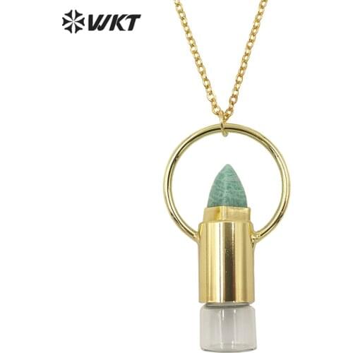 WT-N1294 Newest fashion gold metal lips shape Spirit quartz pendant necklace lady Big Ring hoop stone perfume bottle necklace