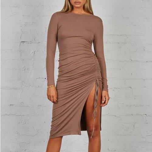 Foridol Side Slit Ruched Drawing String Midi Knitted Sweater Dress Women O Neck Long Sleeve Elegant Basic Autumn Winter Dress