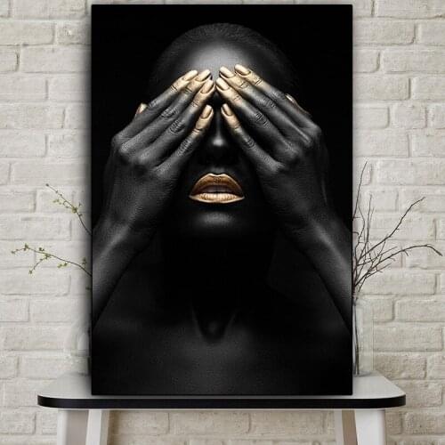 Black Hand and Gold Lip Nude Woman Oil Painting on Canvas Cuadros Posters and Print African Wall Art Picture for Home Decoration