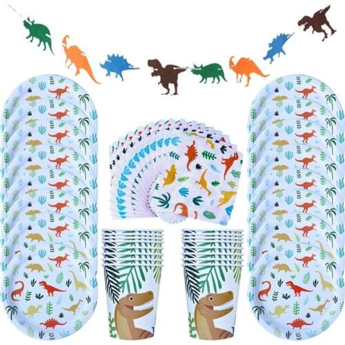 Dino Party Supplies 49pcs Dinosaur Disposable Tableware Set Paper Plate Cup Napkin Banner Kids Boy Birthday Party Decorations