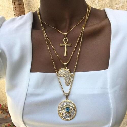 Hot Fashion Bohemian Crystal Evil Eye Africa Map Pendant Necklaces For Women Gold Chain Vintage Charm Multi-layer Necklace