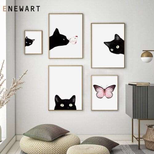 Butterfly Canvas Print Painting Nordic Lovely Black White Watercolor Cats Posters Wall Art Animals Pictures for Living Room