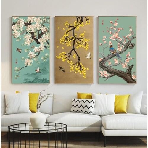 Chinese Ginkgo Flower Bird Canvas Painting Beautiful Plant Big Poster Print Abstract Art Wall Picture for Living Room Kitchen