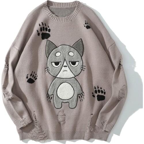 LACIBLE Harajuku Cartoon Kitten Pattern Knitted Sweater Pullover Streetwear Knitted Sweater Hip Hop Streetwear Retro Autu