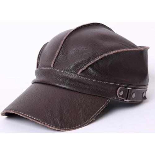Male Outdoor Sunshade Hat Yong Man Peaked Cap Mens Autumn and Winter Warm 100% Leather Baseball Cap New Year Gift B-7280